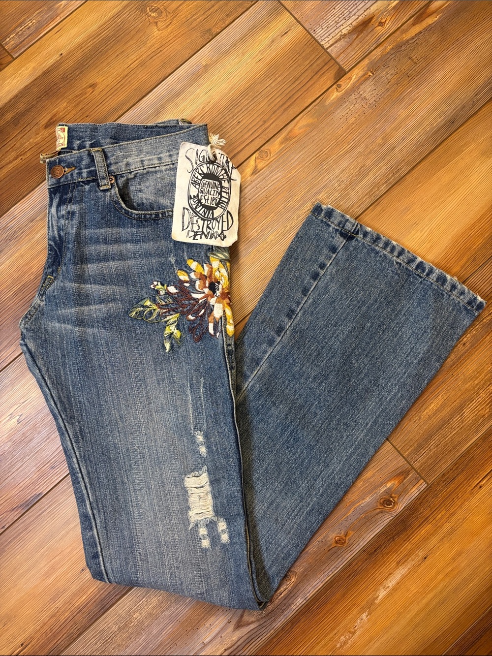 Vintage Abercrombie & Fitch Skinny Flare Destroyed Jeans Embroidered Flowers 6